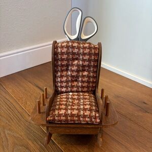 VINTAGE 70s Handmade Wooden Rocking Chair Sewing Pin Cushion, Scissors, Spool